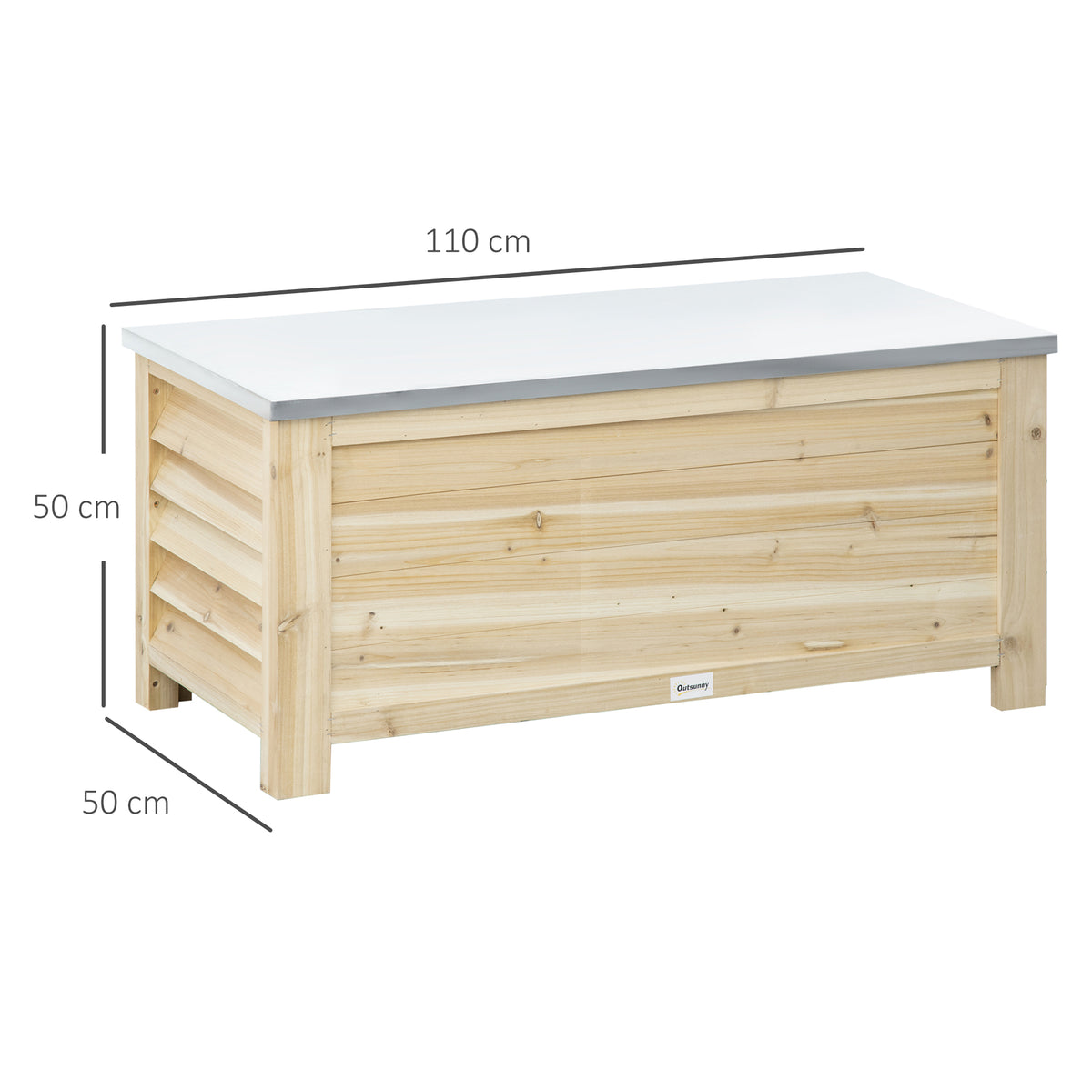Coffre de jardin en bois et couvercle en métal galvanisé 155L avec vérins - 110 x 50 x 50 cm