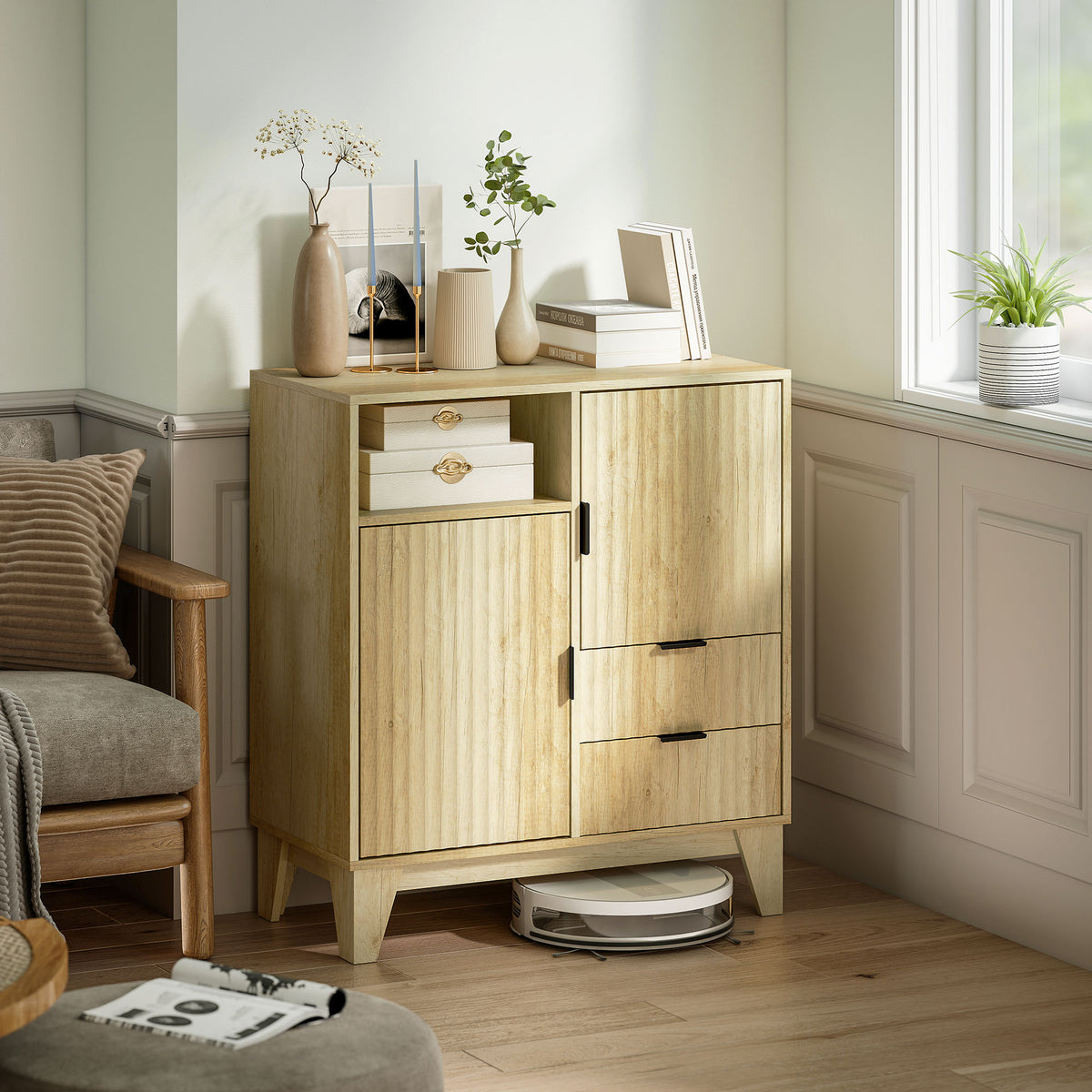 Aparador de salón, mueble de almacenamiento, 2 puertas, 2 cajones, estante ajustable, compartimento abierto, 80x40x90cm, madera natural