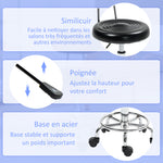 Tabouret à roulettes, tabouret de massage avec hauteur réglable 70-86 cm et dossier, pivotant 360°, noir