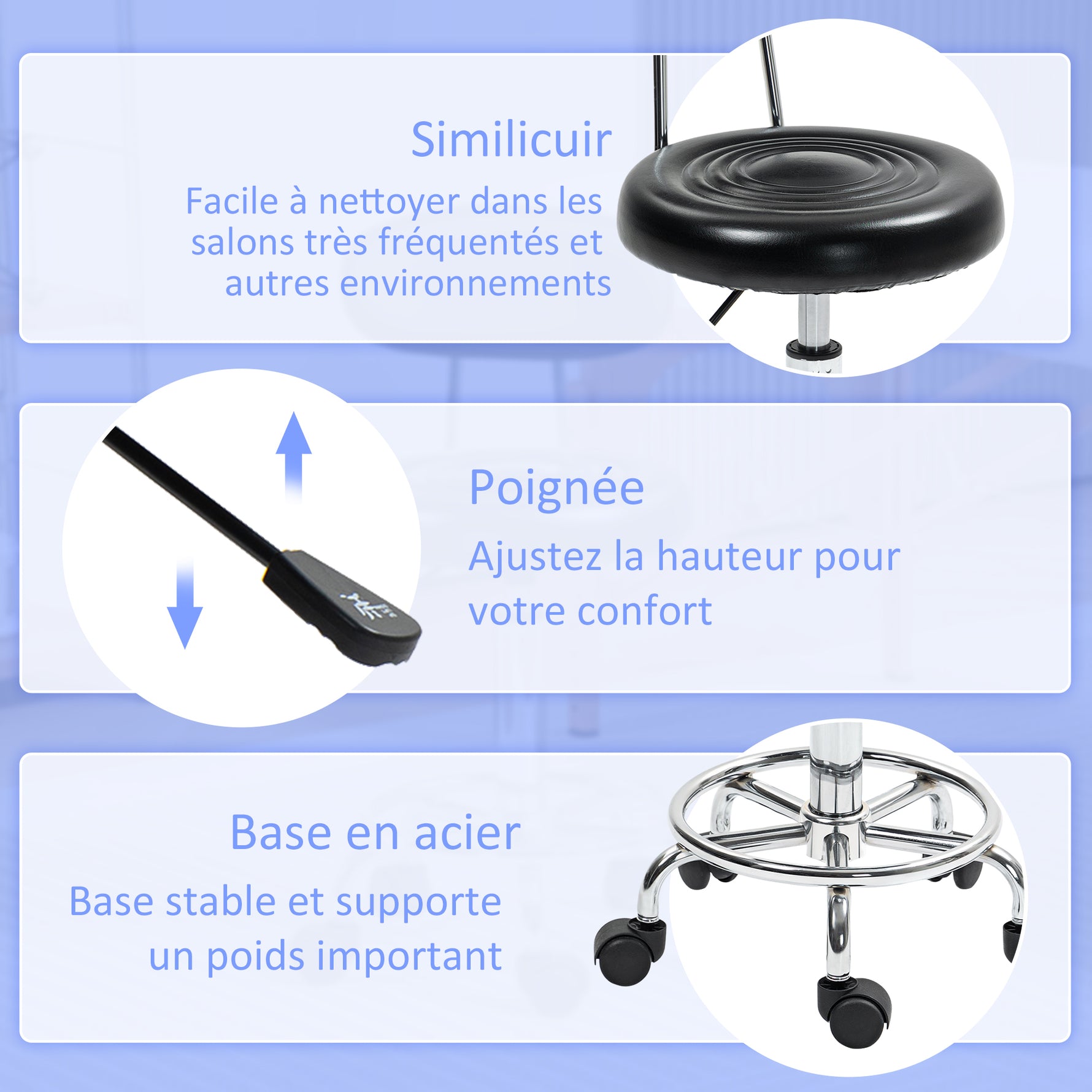 Tabouret à roulettes, tabouret de massage avec hauteur réglable 70-86 cm et dossier, pivotant 360°, noir
