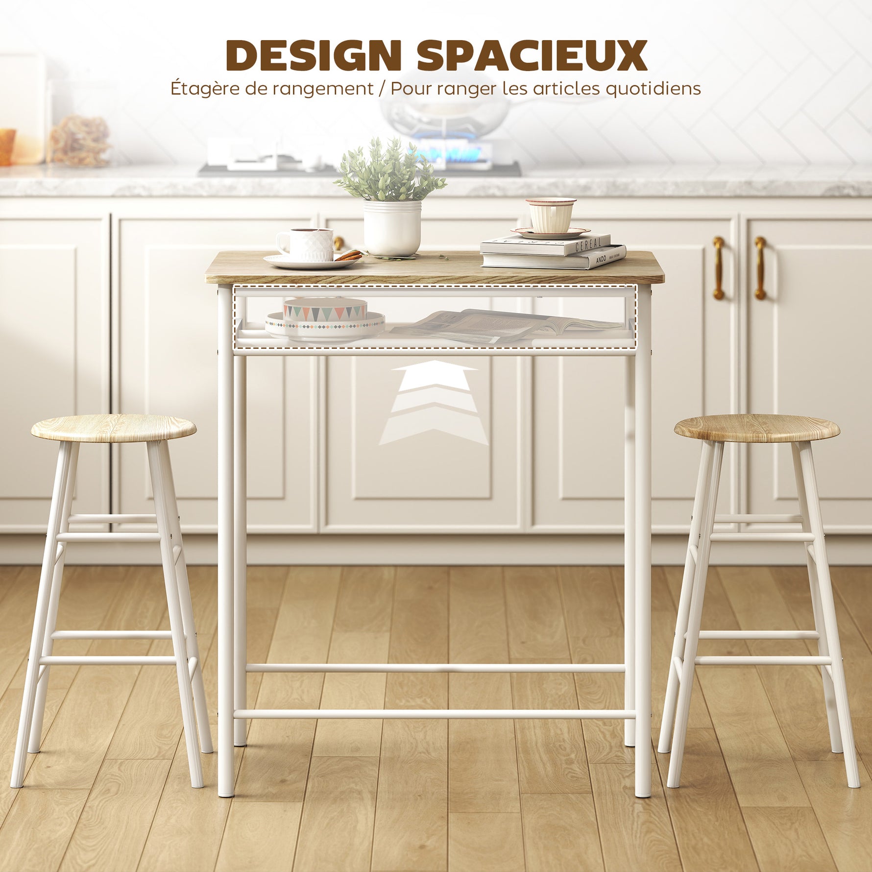 Ensemble table de bar avec tabourets, table à manger debout avec 2 chaises, étagère et pieds en métal, 80x50x90cm, blanc
