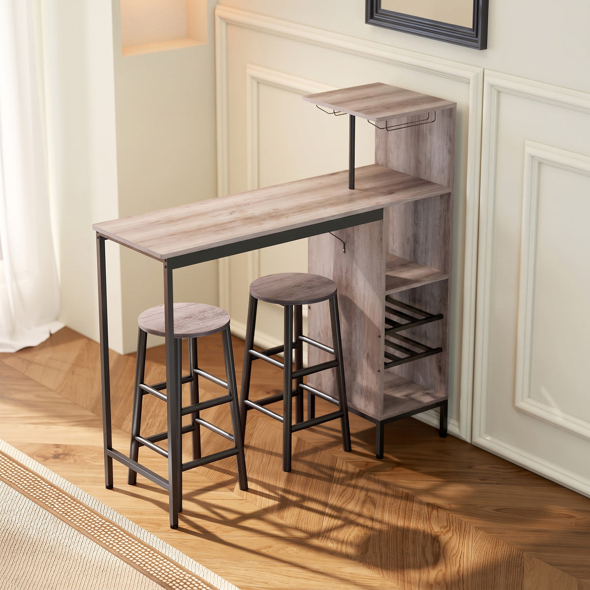 Ensemble table de bar avec tabourets, table à manger debout avec 2 chaises de bar étagères, casiers à vin, gris