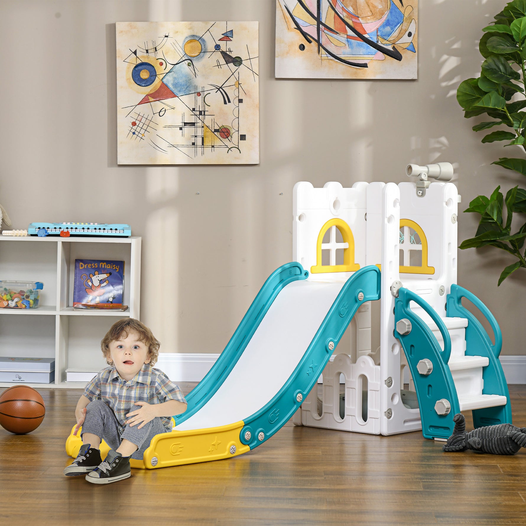 Toboggan pour enfants 5 en 1 avec panier de basket escalade télescope espace de rangement 70 x 177 x 92 cm jaune