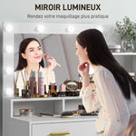 Coiffeuse avec miroir et 9 lumières LED, 4 tiroirs et 6 compartiments ouverts, 100 x 40 x 138 cm, blanc