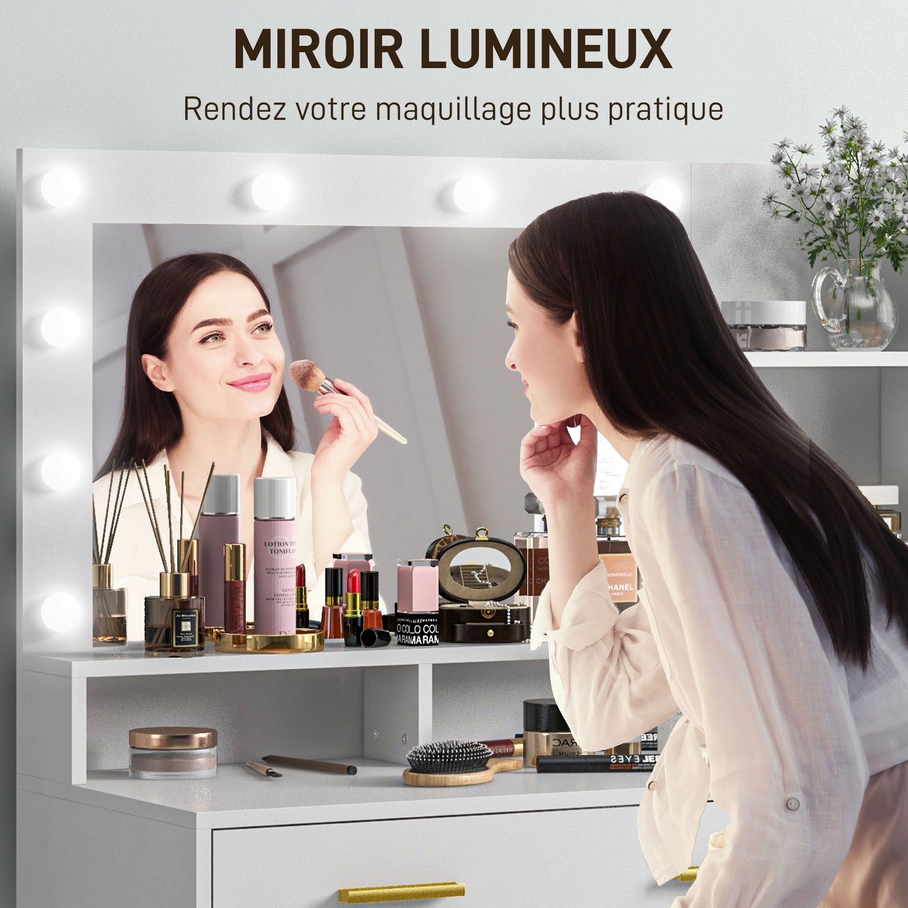 Coiffeuse avec miroir et 9 lumières LED, 4 tiroirs et 6 compartiments ouverts, 100 x 40 x 138 cm, blanc