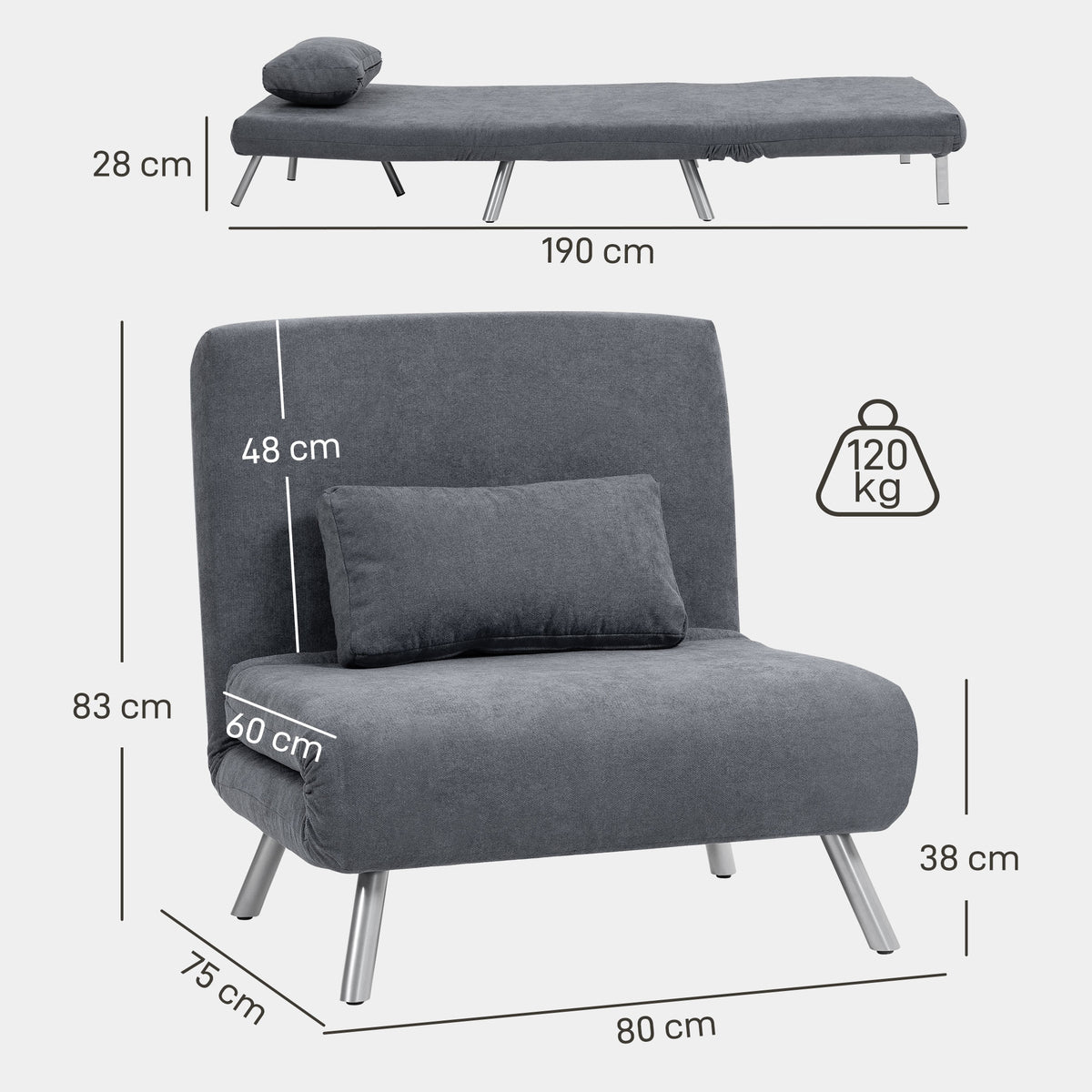 Poltrona letto singola, poltrona convertibile 3 in 1 con schienale regolabile, cuscino, seduta ampia, grigio scuro