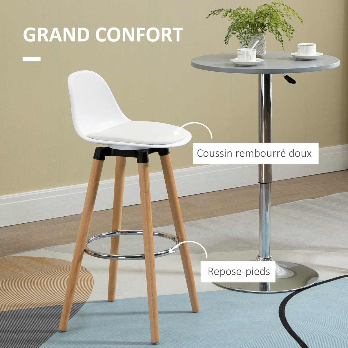 Set di 4 sgabelli da bar in stile scandinavo, altezza 70 cm, con gambe in legno e poggiapiedi in acciaio - bianco