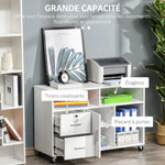 Support d'imprimante à 2 tiroirs meuble de rangement sur roulettes étagères ouvertes et placard, 100 x 35 x 65 cm, blanc