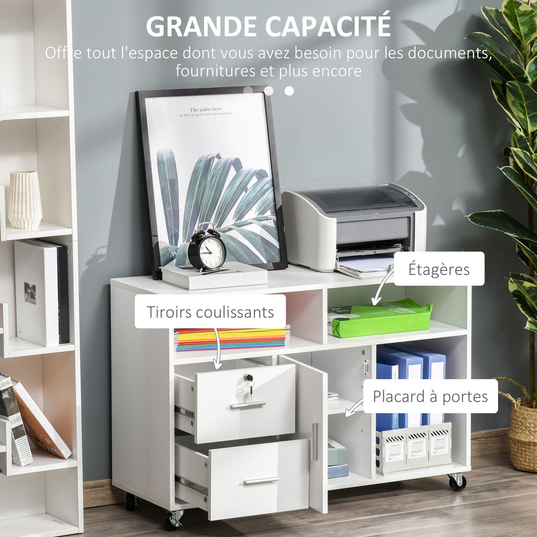 Support d'imprimante à 2 tiroirs meuble de rangement sur roulettes étagères ouvertes et placard, 100 x 35 x 65 cm, blanc
