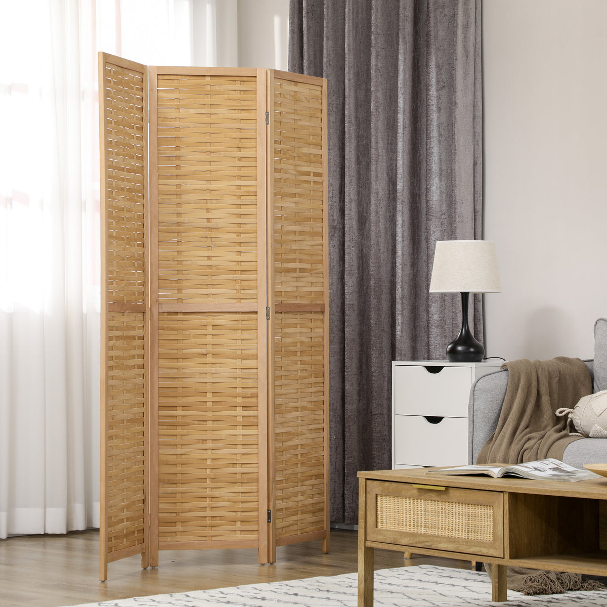 Paravento in legno divisorio pieghevole 3 pannelli in bambù 120 x 170 cm naturale chiaro