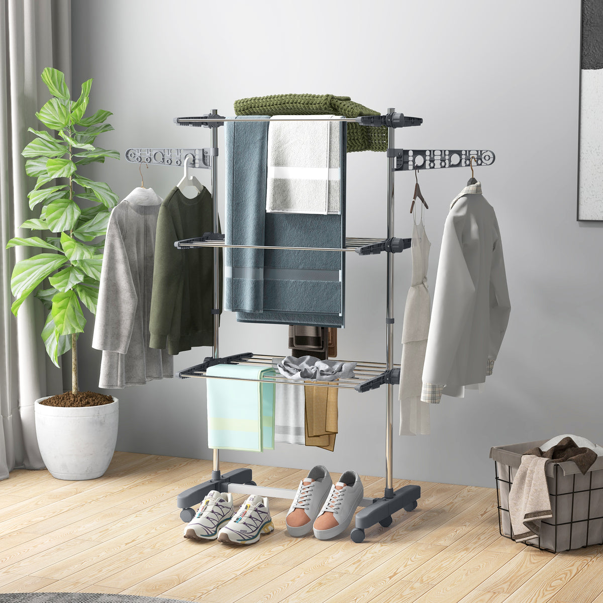 Séchoir à linge étendoir pliable ailes latérales utilisation intérieure et extérieure 3 niveaux 142 x 55 x 152 cm gris