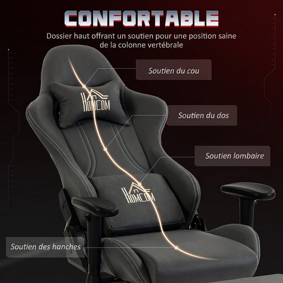Ergonomische gamestoel, gamerfauteuil met 3D-armleuningen, kantelbare rugleuning, in hoogte verstelbaar, 72x76x132cm, grijs