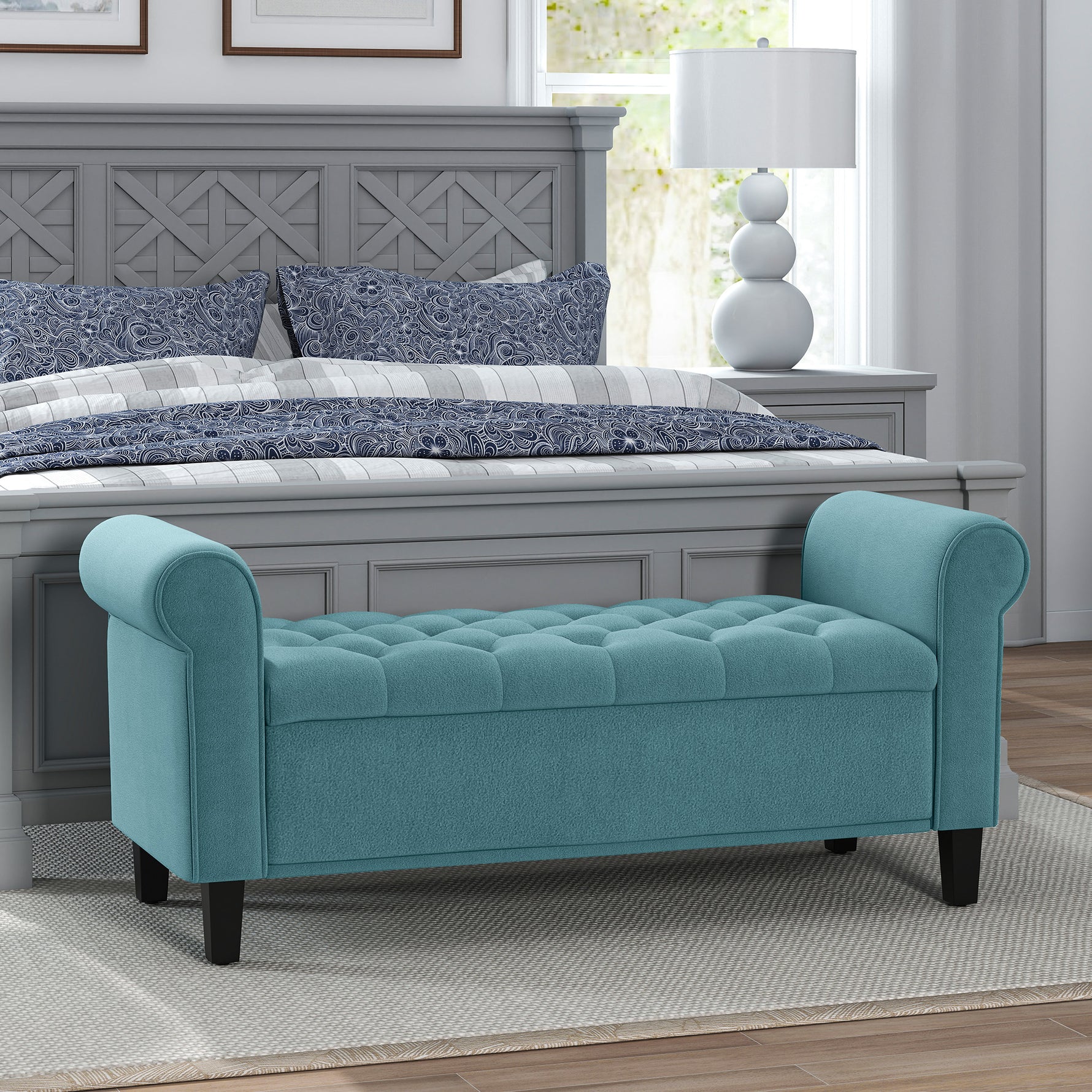 Banc de rangement bout de lit avec accoudoirs, tissu velours rembourré et capitonné, 126 x 48,5 x 57 cm, vert