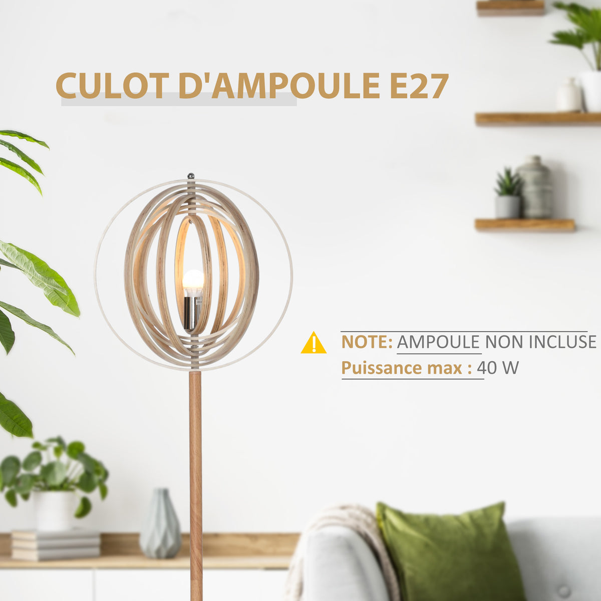 Lampadaire sur Pied Circulaire 40 W Max. Abat-Jour bois naturel clair dim. Ø 38 x 160 cm