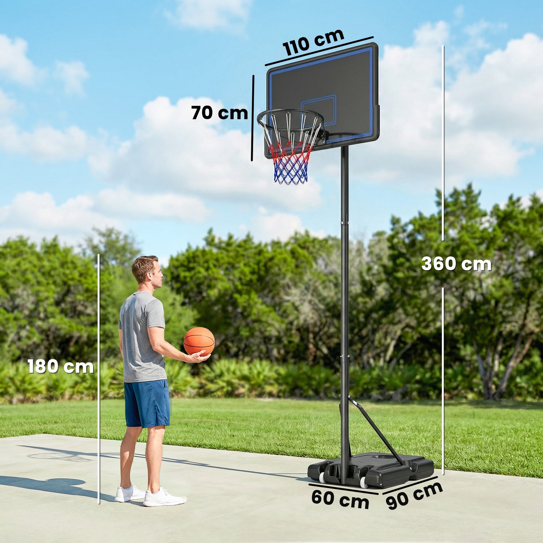 Panier de Basketball sur Pieds avec Hauteur Réglable de 1,35 à 3,05 m avec Roues, Base de Lestage et Sac de Sable, Bleu