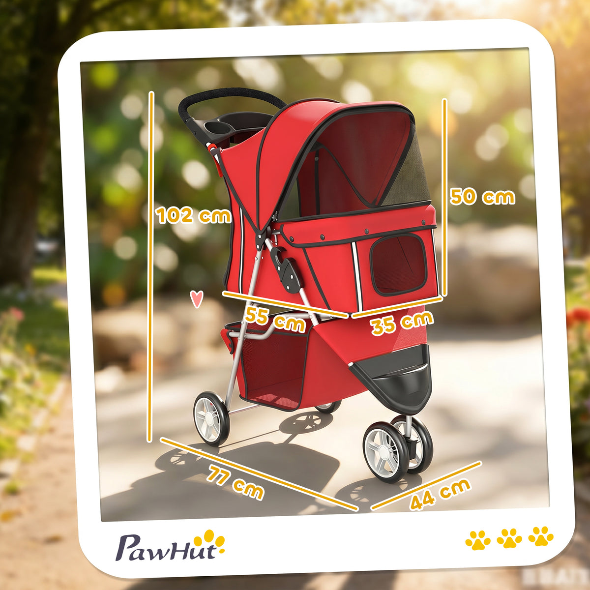 Poussette pour Chien 4 Roues, Chariot Pliable avec Auvent Réglable, Panier de Rangement, 77x44x102cm, Rouge