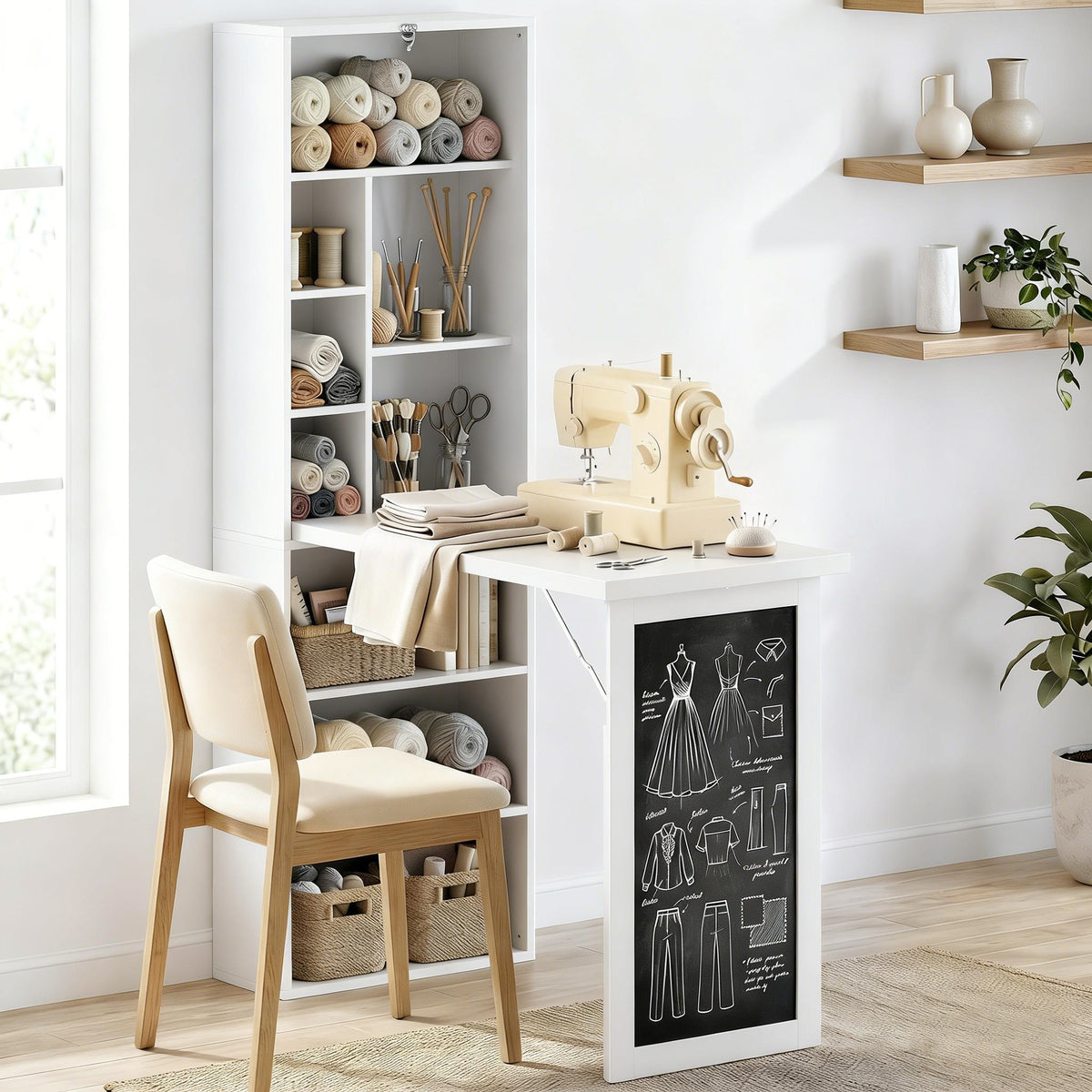 Bureau avec rangement pliable murale rabattable avec bibliothèque poste de travail tableau à craie et étagère réglable