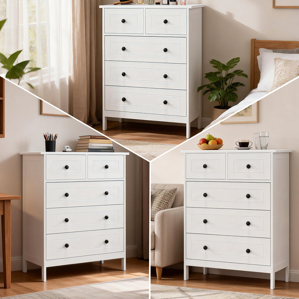 Commode meuble de rangement 5 tiroirs pour chambre, bureau, entrée, blanc et poignée métal noir