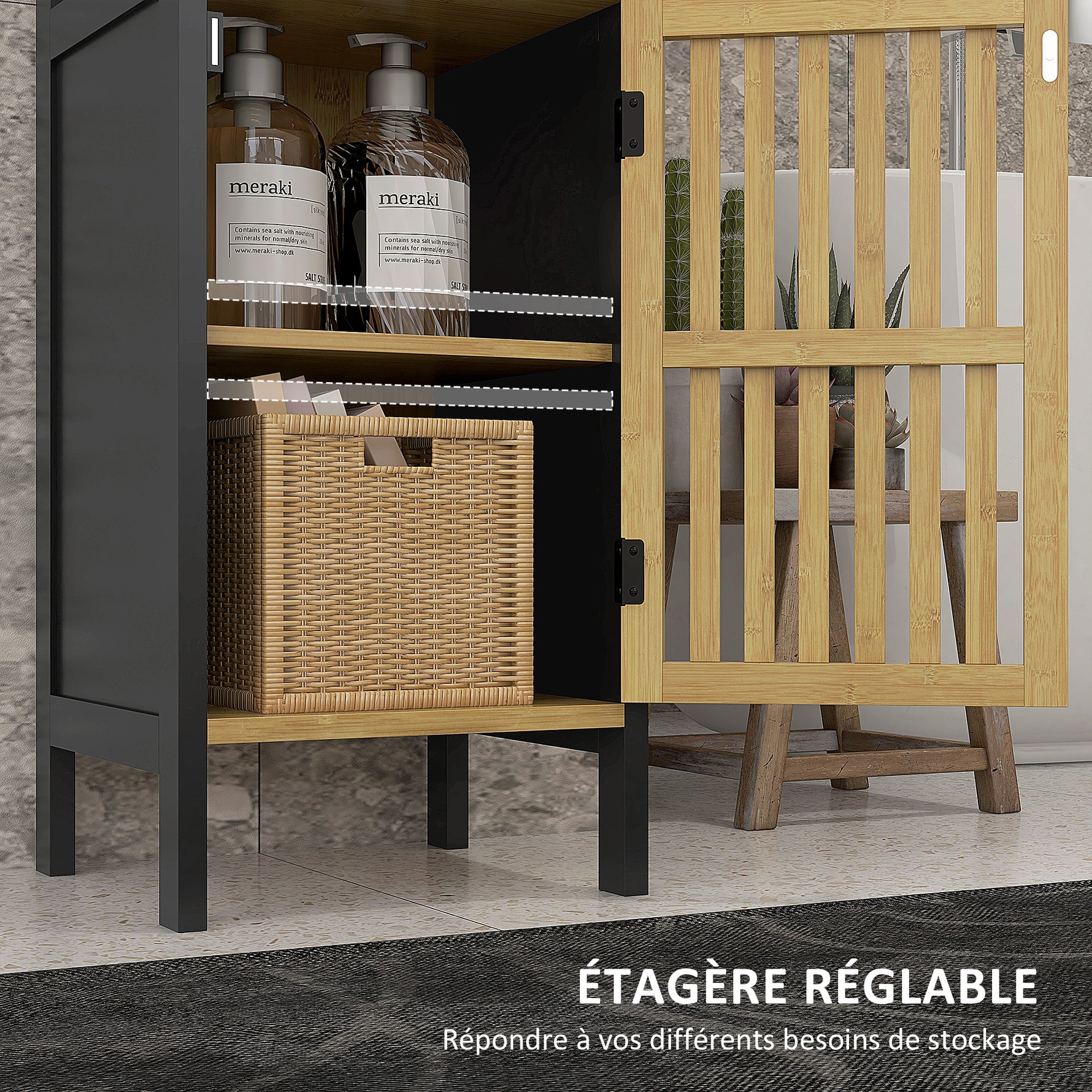 Meuble bas de salle de bain en bambou avec placard 1 porte niche ouverte 32 x 30 x 90,5 cm, noir et bois