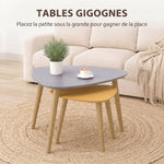 Lot de 2 tables basses gigognes design scandinave pieds en bois et plateau en bois, gris et jaune