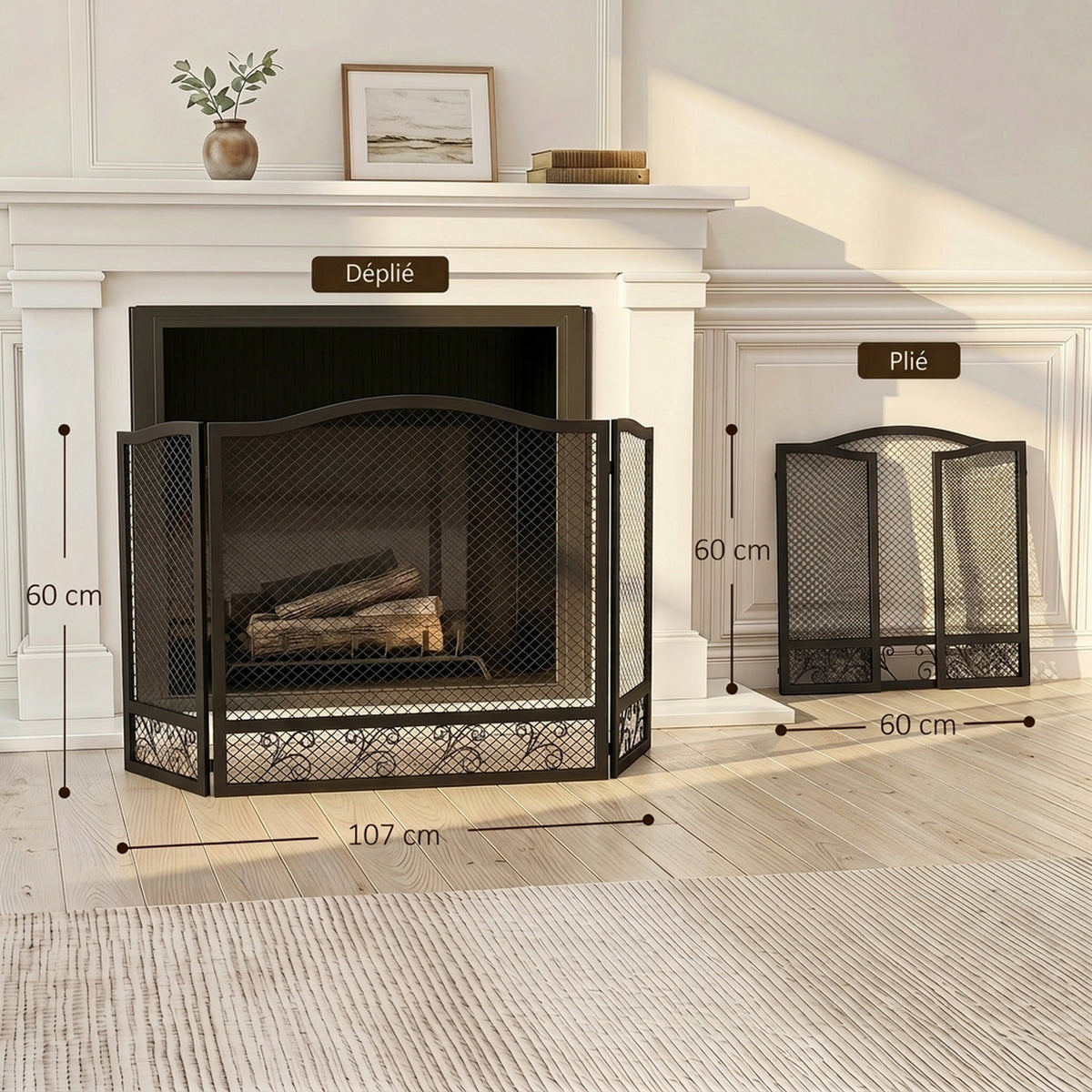 Pare Feu Cheminée Pliable 3 Panneaux, Pare-Étincelles Cheminée, Motif Floral, Métal, 107 x 60 cm, Noir-2