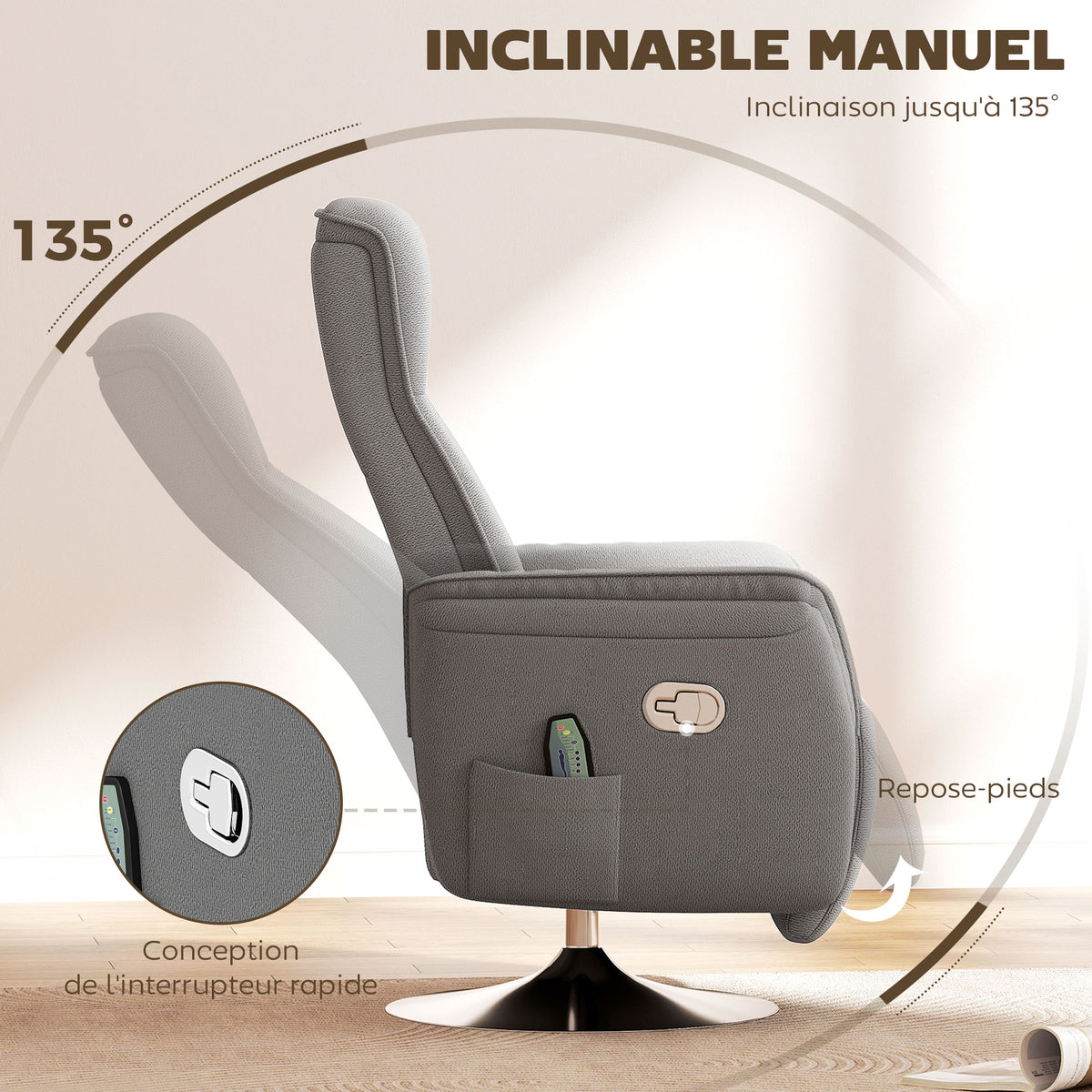 Fauteuil relax massant fauteuil de relaxation inclinable pivotant dossier et repose-pieds réglable 68,5x77x117cm gris