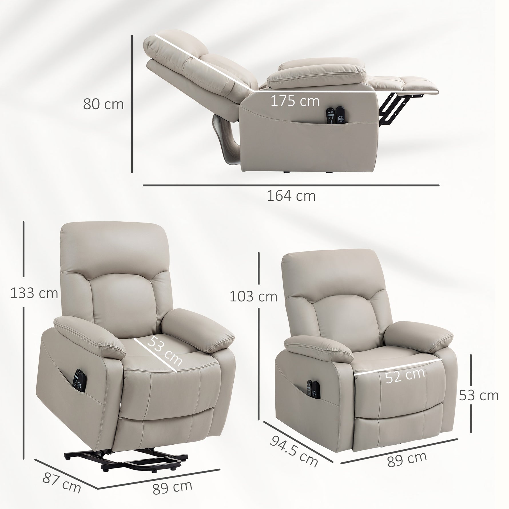 Fauteuil releveur électrique, fauteuil relax électrique avec fonction massage et chauffage, 89 x 94,5 x 103 cm, gris