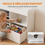 Meuble de rangement jouets enfant avec bibliothèque, 8 bacs en tissu, 2 tiroirs à roulettes et étagères ouvertes, blanc