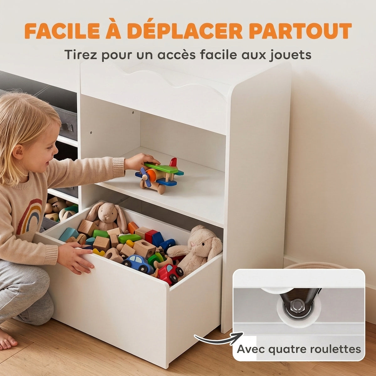 Meuble de rangement jouets enfant avec bibliothèque, 8 bacs en tissu, 2 tiroirs à roulettes et étagères ouvertes, blanc