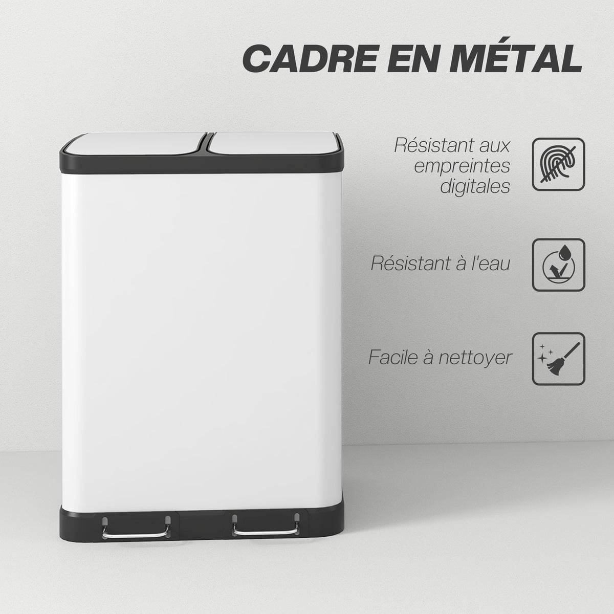 Sukaldeko zaborrontzia, 2 x 30L, metalezko pedalarekin, 2 konpartimentu, ixte leuneko estalkia, 60L, zuria