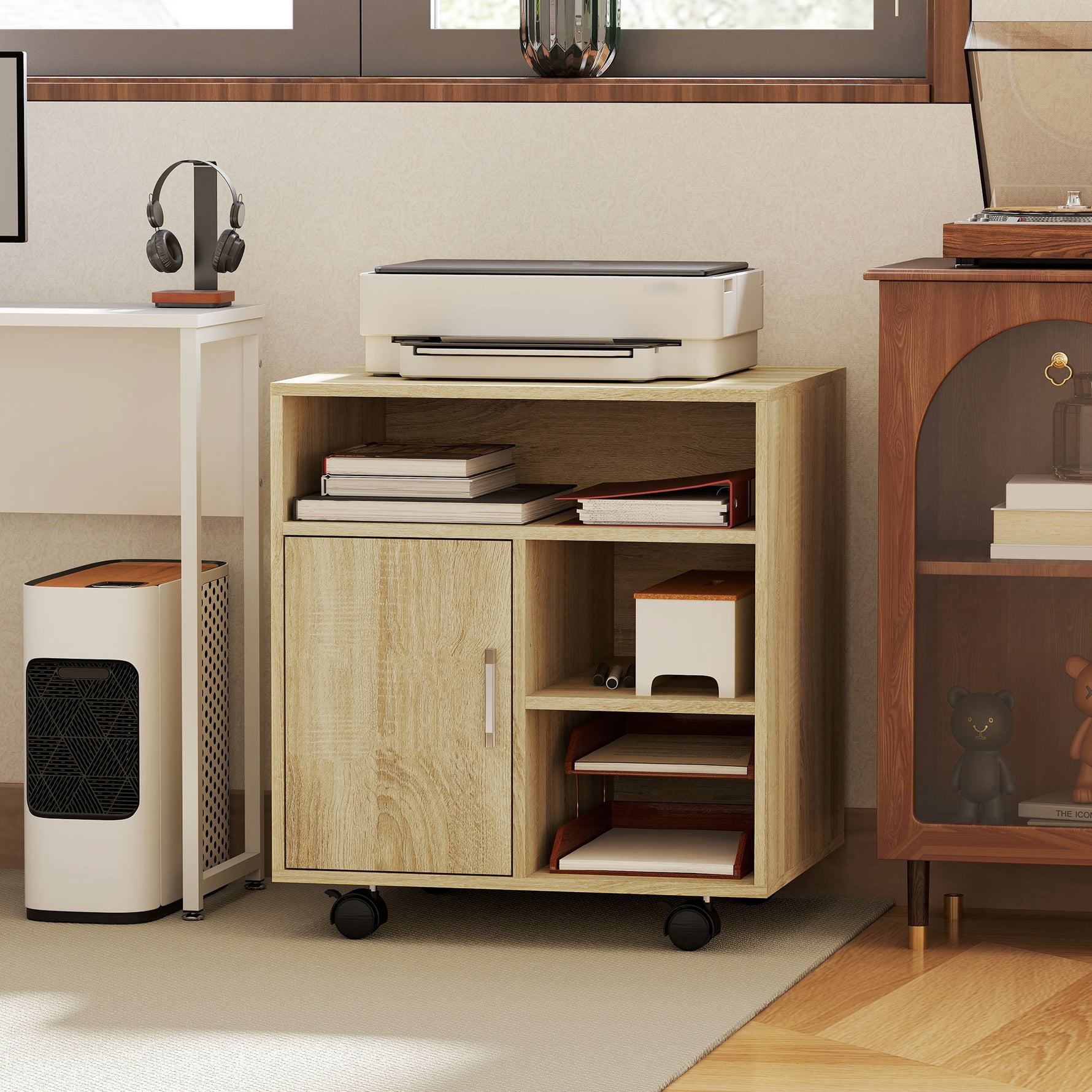 Support d'imprimante organiseur bureau caisson placard porte 3 niches + grand plateau panneaux particules bois naturel