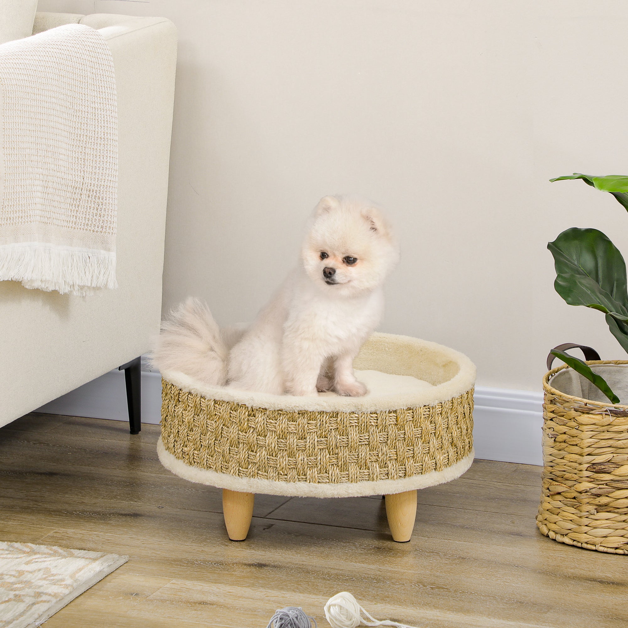 Panier rond chien sur pieds style cosy chic grand confort coussin moelleux intégré Ø 48 x 24,5H cm beige