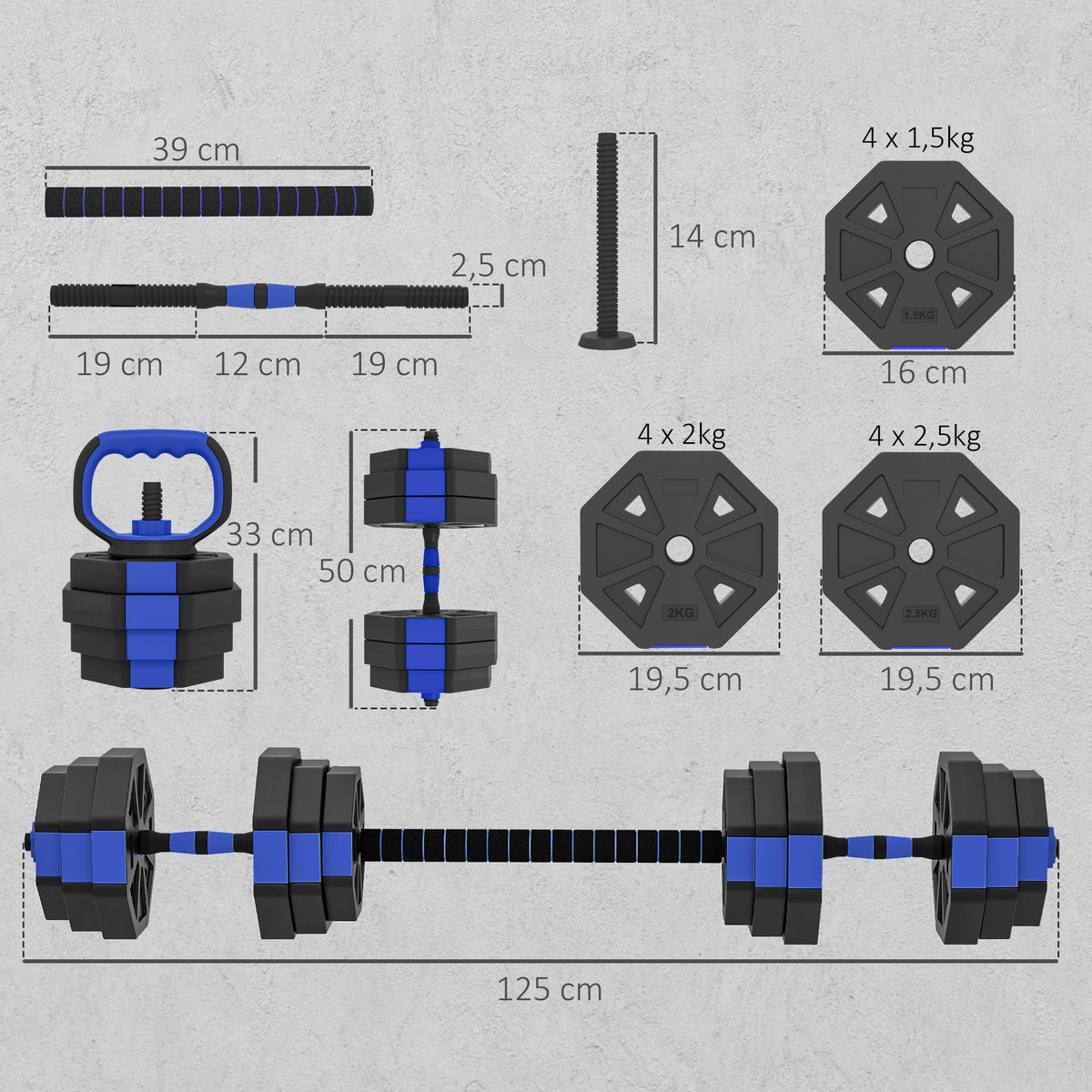 Ensemble d'haltères musculation 6-en-1 haltère réglable 25 kg kettlebell, barre de musculation support pour pompes bleu