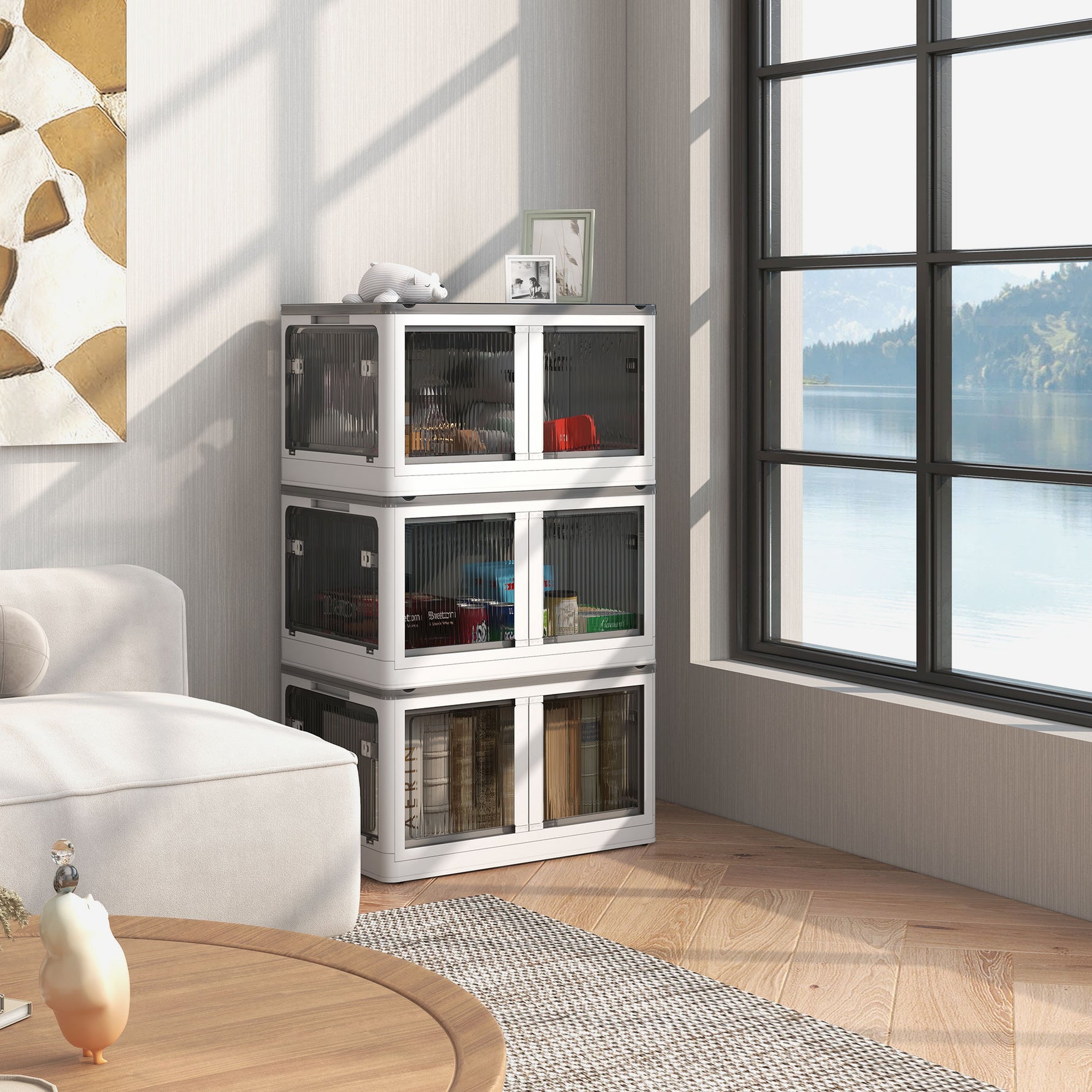 Boîtes de rangement pliables et empilables 69L en plastique avec couvercle et 4 roulettes, accès à 5 côtés, blanc
