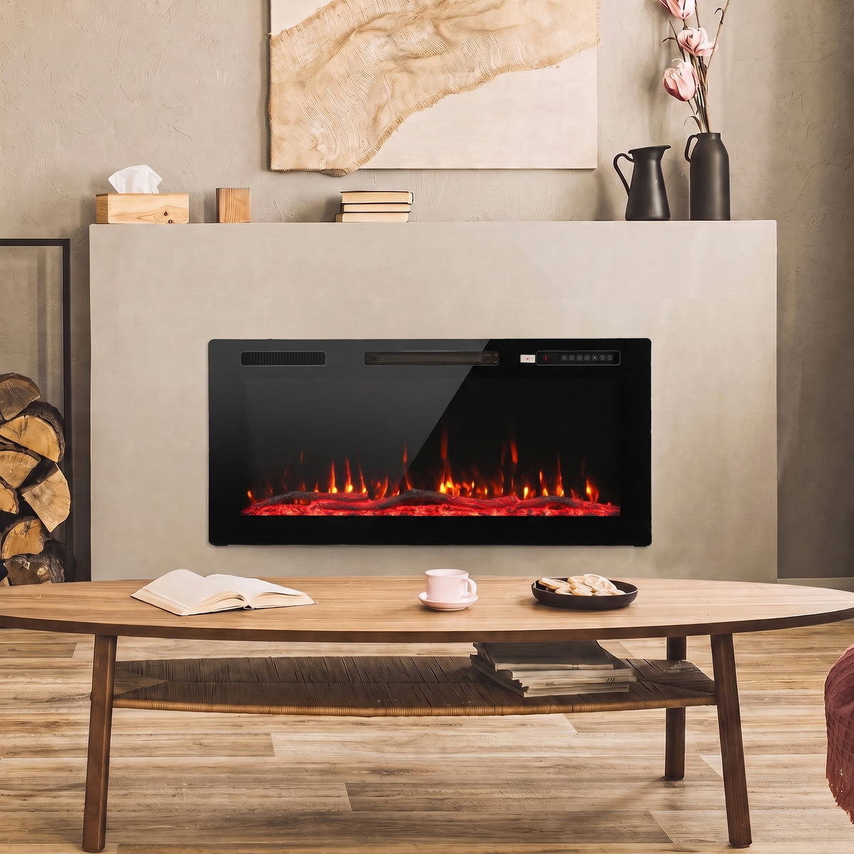 Elektrischer Kamin, einbaubar, wandmontierbar oder freistehend, 3-in-1, dekorativer Kamin, extra flach, 900W/1800W, 3D-Flammeneffekt, Schwarz