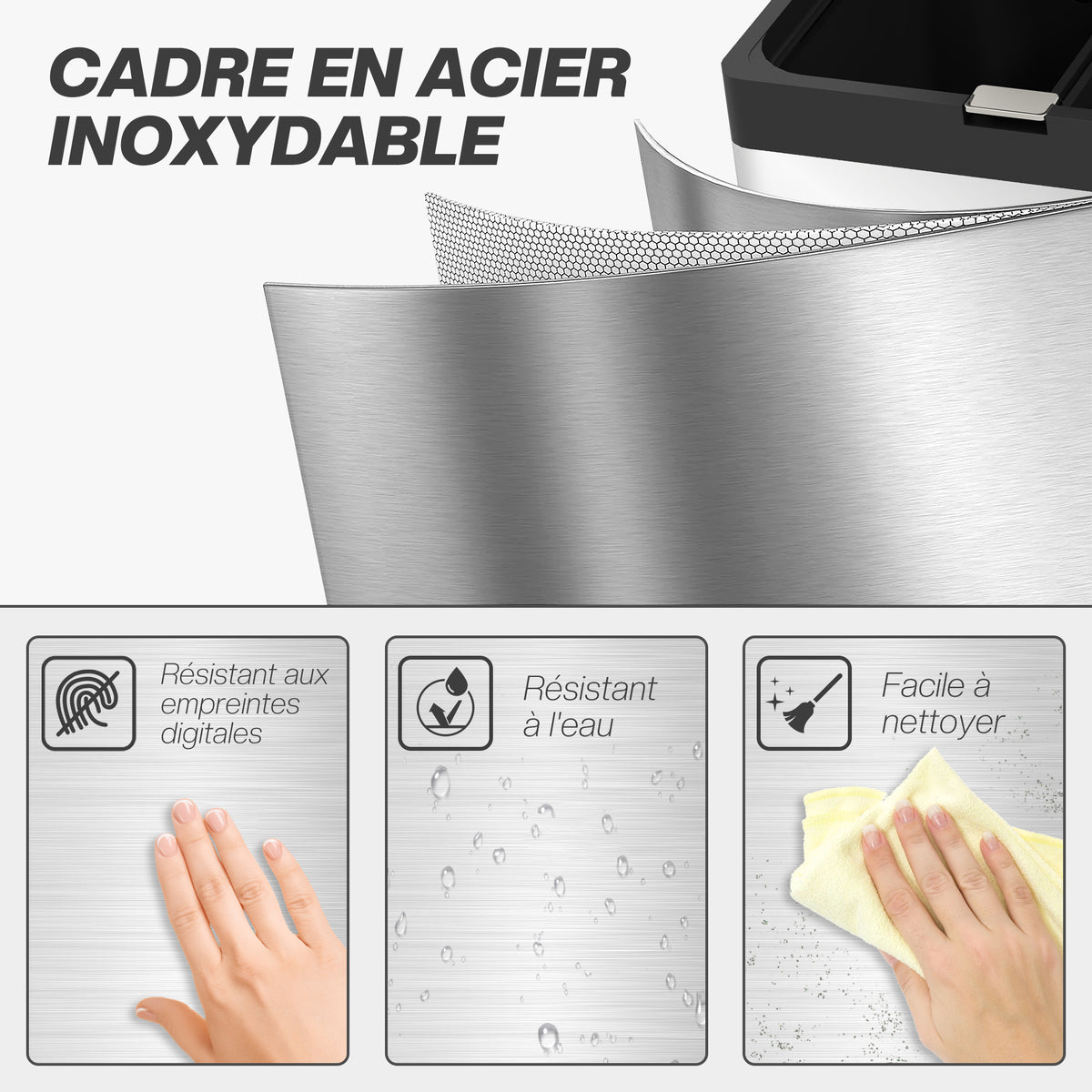 Poubelle rectangulaire à pédale poubelle cuisine 3 compartiments fermeture douce acier inox 45,7 x 35,8 x 76 cm argent