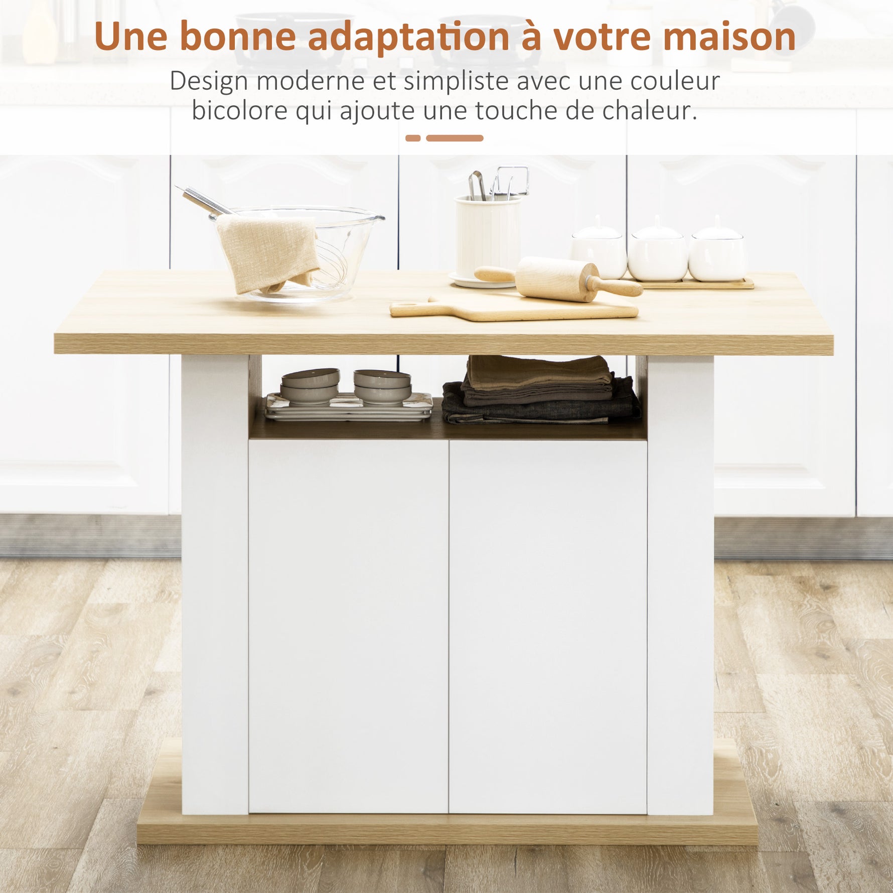 Ilot central cuisine table avec grand plan de travail 4 personnes - dim. 110L x 70l x 75,5H cm