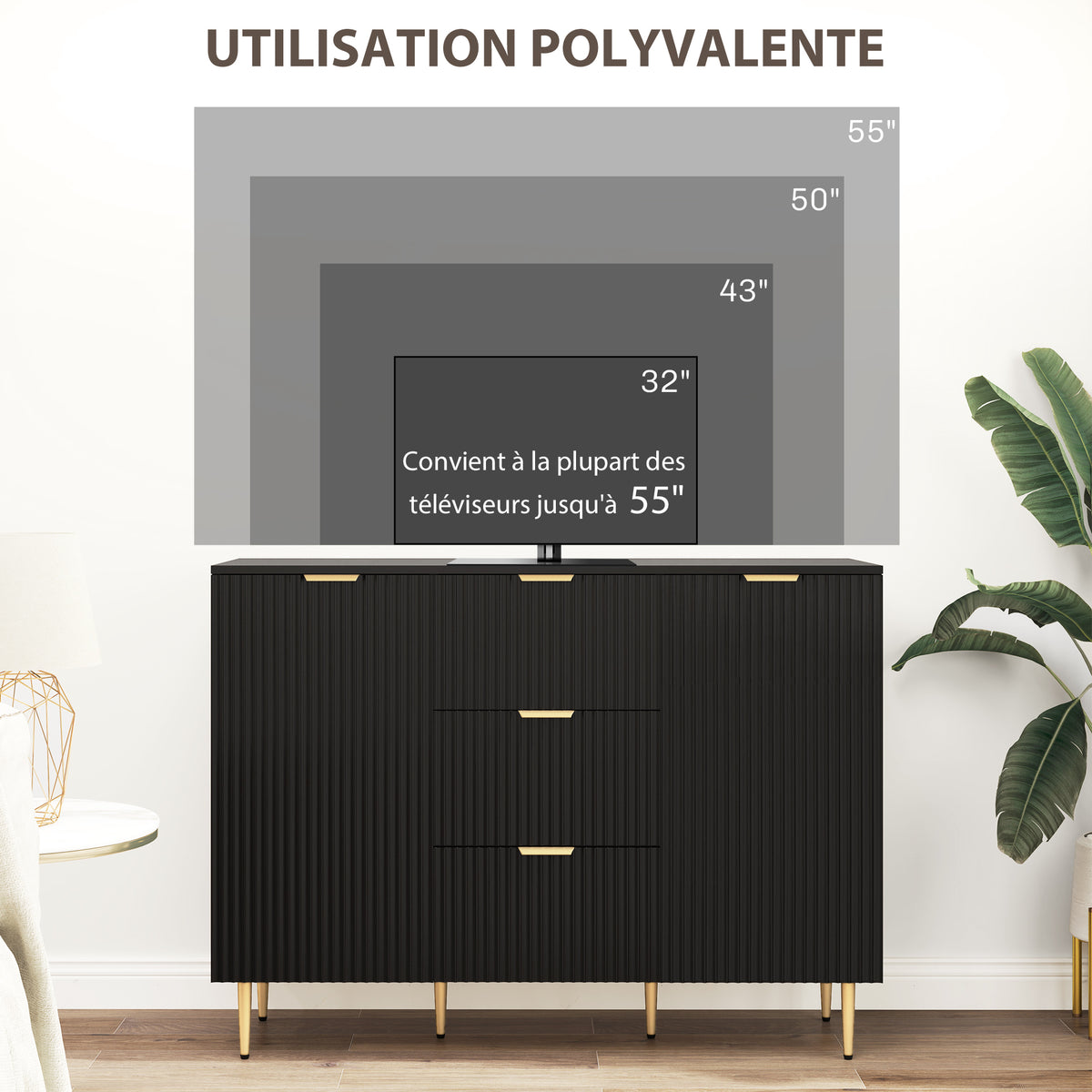 Buffet meuble cuisine rangement avec 3 tiroirs, étagères réglables, placards à portes cannelées, 120 x 40 x 90 cm, noir
