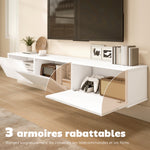 Meuble TV Suspendu 180 cm, Meuble télé pour téléviseur jusqu'à 82 Pouces 3 Portes Rabattables à Fermeture Douce, Blanc