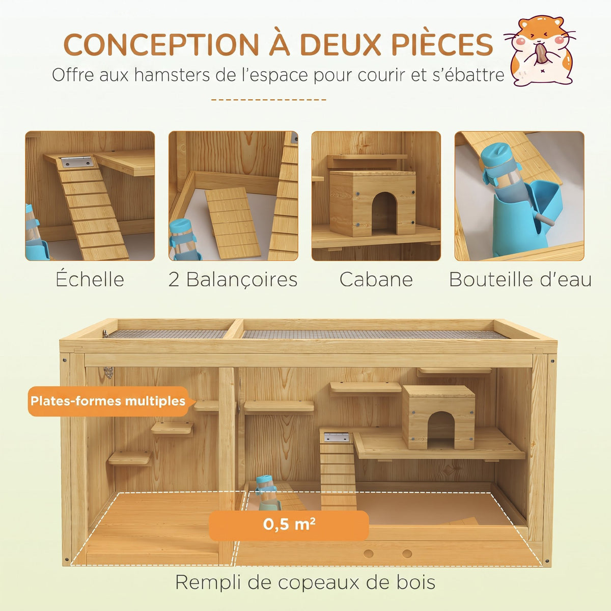 Cage Hamster Habitat pour Rongeurs Souris Plusieurs Niveaux Plateformes Échelle Balançoires 100 x 50 x 50 cm Naturel