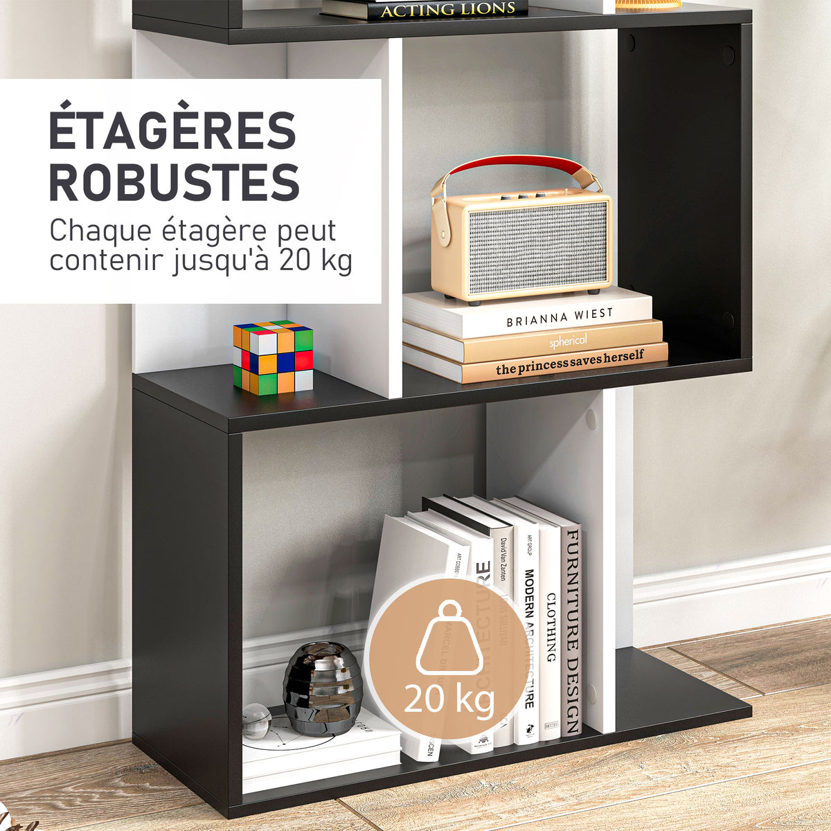 Boekenkast met 5 niveaus, S-vormig opbergmeubel met planken, opbergrek voor woonkamer, slaapkamer en kantoor, 60 x 24 x 184,5 cm, zwart, wit