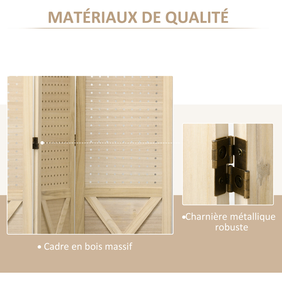 Paravent intérieur en bois 4 panneaux séparateur de pièce pliable panneau perforé 152 x 1,7 x 144,5 cm bois naturel