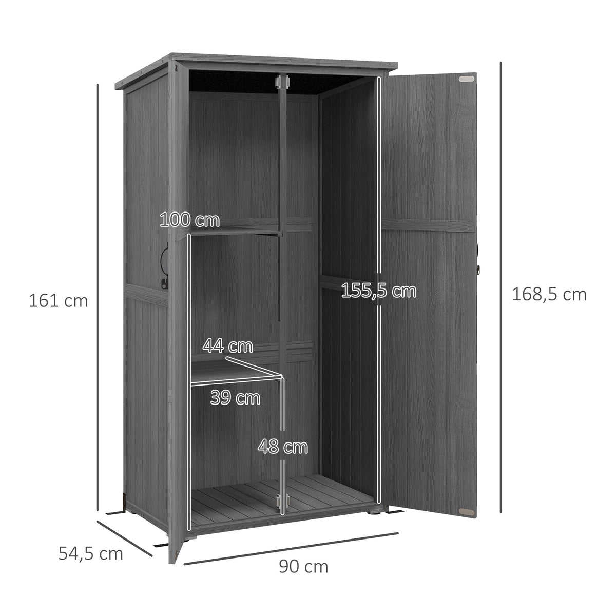Armoire de jardin, abri jardin sur pied, avec 2 étagères, toit incliné et bitumé, en bois massif, 90x54,5x168,5cm, gris
