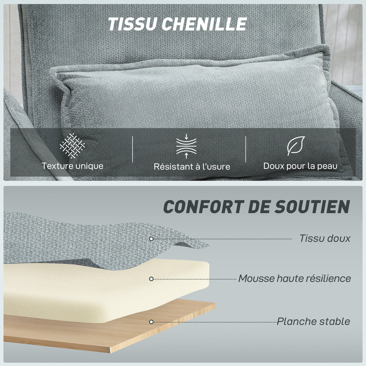 Fauteuil convertible 1 place 3 en 1, fauteuil-lit clic-clac en chenille, assise large dossier réglable, 88x84x87cm, gris