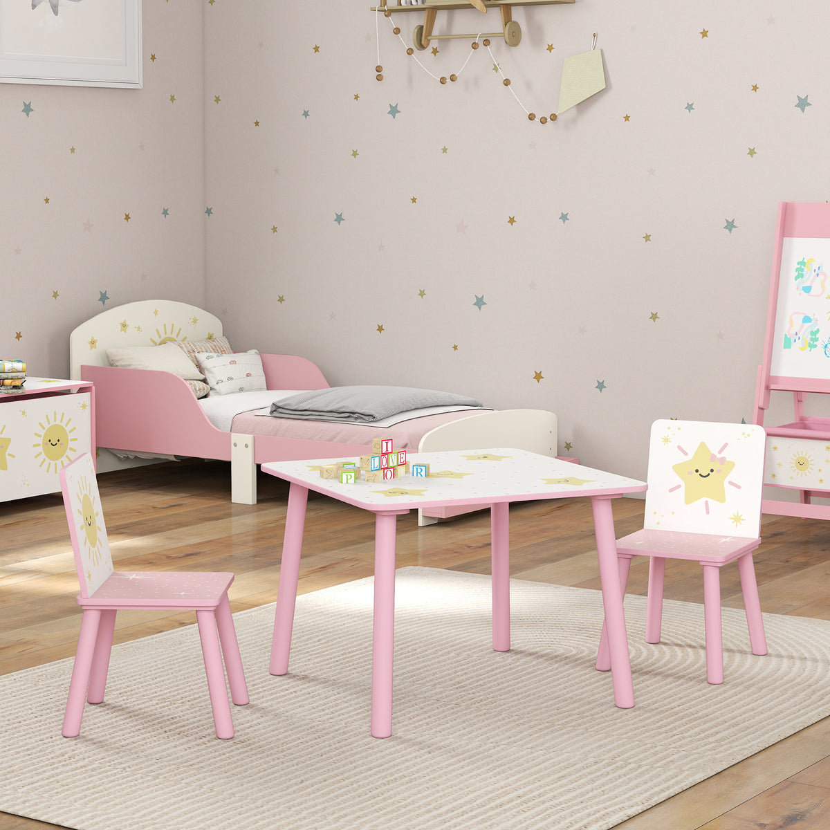 Mesa infantil con silla, juego de mesa y 2 sillas infantiles de madera, motivos de estrellas, 60 x 60 x 44 cm, rosa