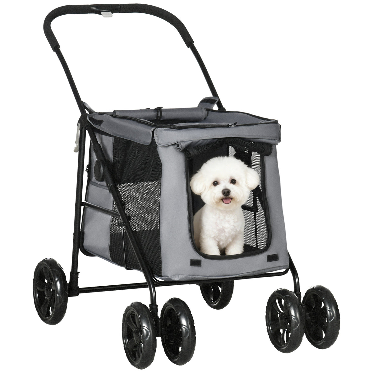 Poussette pliable animaux chien chat coussin inclus roues avec frein tissu 600D Oxford 102 x 62 x 105 cm gris
