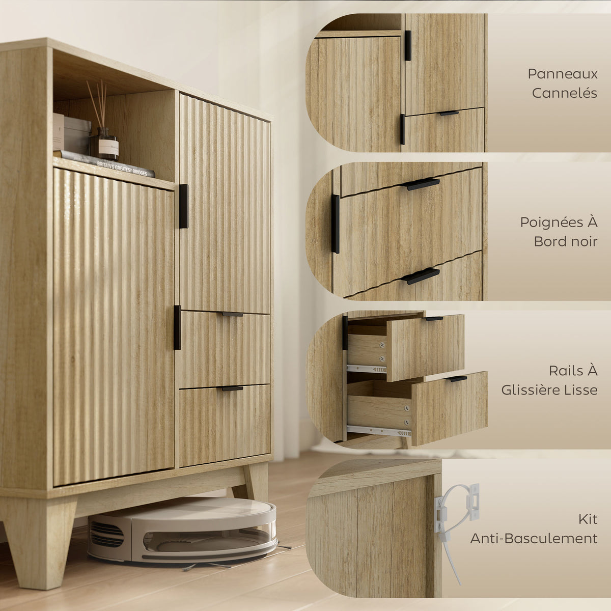 Buffet salon, meuble de rangement, 2 portes, 2 tiroirs, étagère réglable, compartiment ouvert, 80x40x90cm, bois naturel