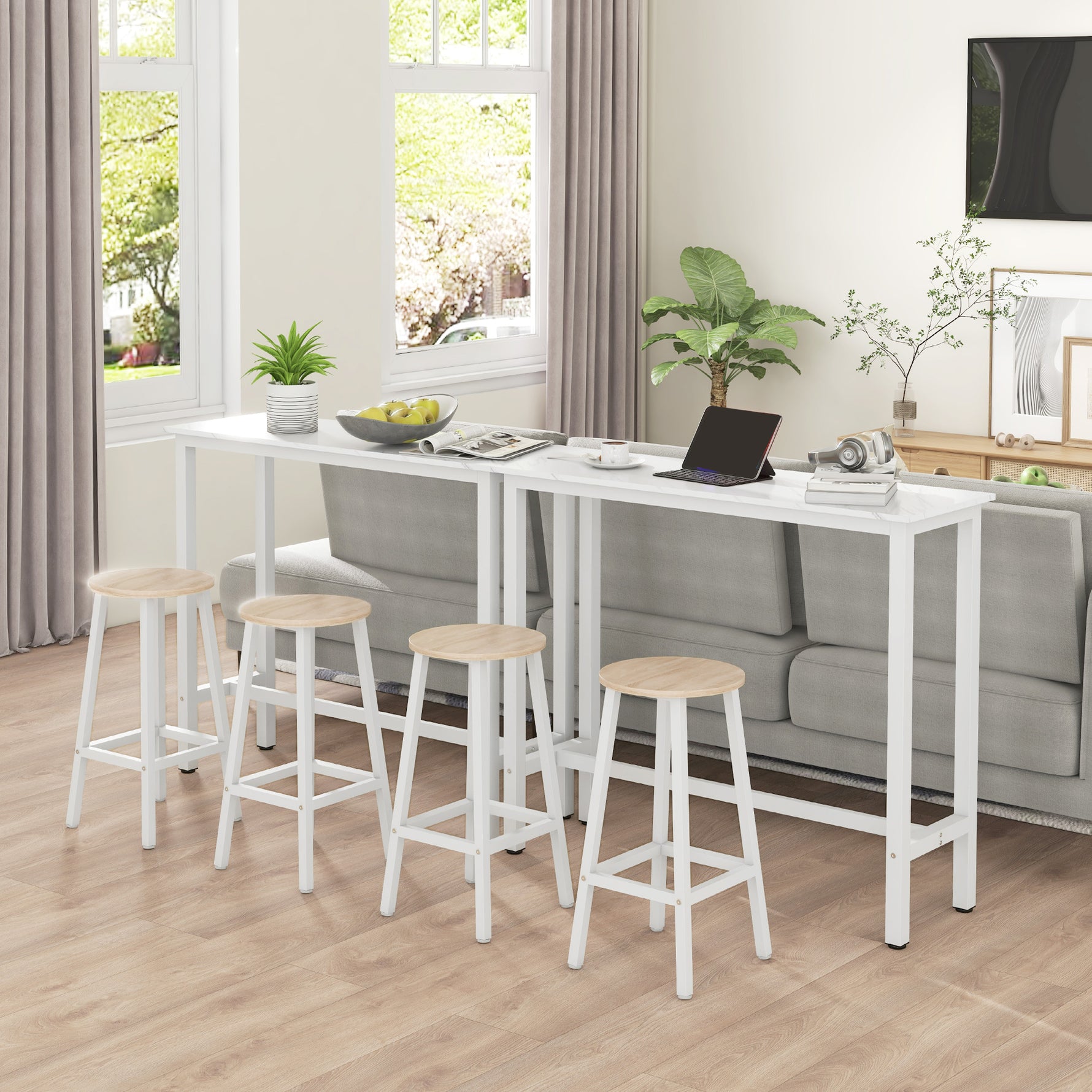 Table de bar table haute de cuisine mange-debout 120 x 40 x 100 cm châssis piètement acier, plateau aspect marbre blanc