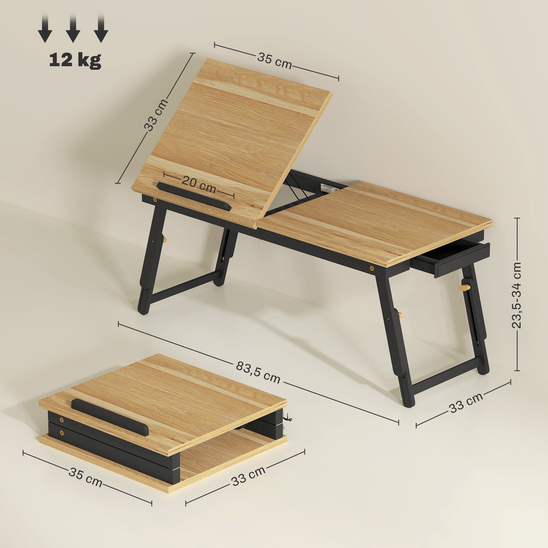 Table de lit pliable et réglable, plateau de lit pour ordinateur portable en bambou - plateau inclinable, tiroir, chêne