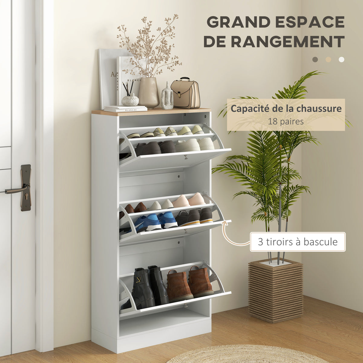 Scarpiera stile scandinavo 3 ante a ribalta 18 paia di scarpe 60 x 23,5 x 115 cm bianco effetto legno
